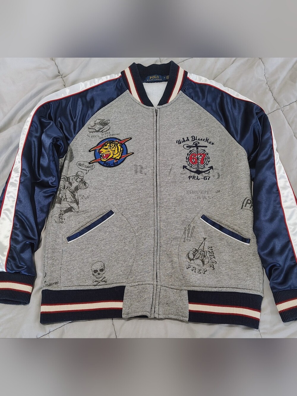Polo Ralph Lauren PRL-67 Tiger Full Zip Varsity Track Jacket Gray Blue Medium